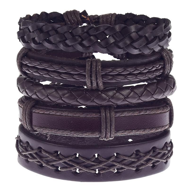 Adjustable Leather Braided Bracelets for Men Women Wrap Wood Beads Bracelet Woven Ethnic Tribal Rope Wristbands Bracelets 5 Pieces Set