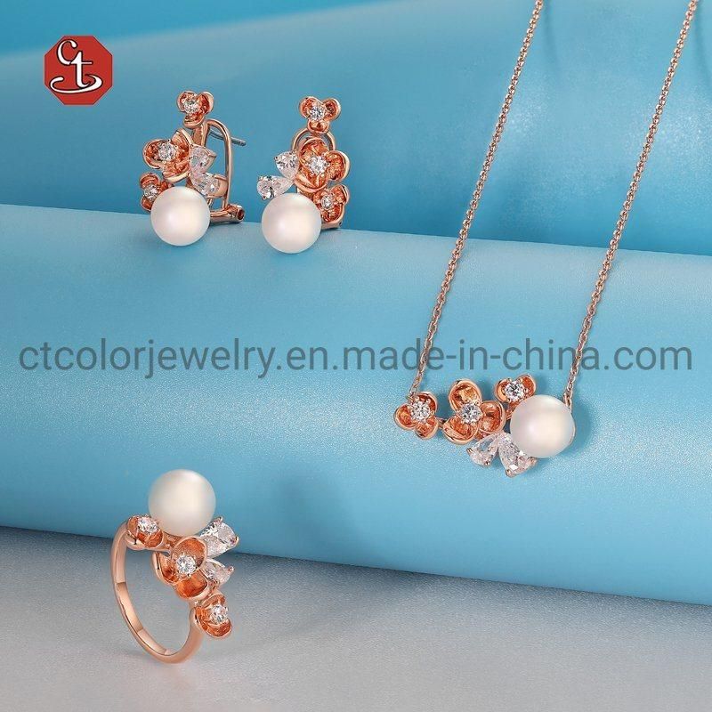 New Fashion 925 Silver Rose plated Rings Pendants and Earring Jewelry Set with pearl