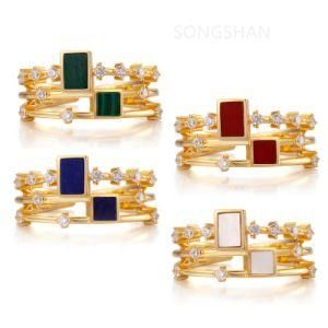 2021 Trendy Design Vermeil S925 Silver 18K Gold Plated Geometric Malachite Zirconia Multi Layer Lady Ring