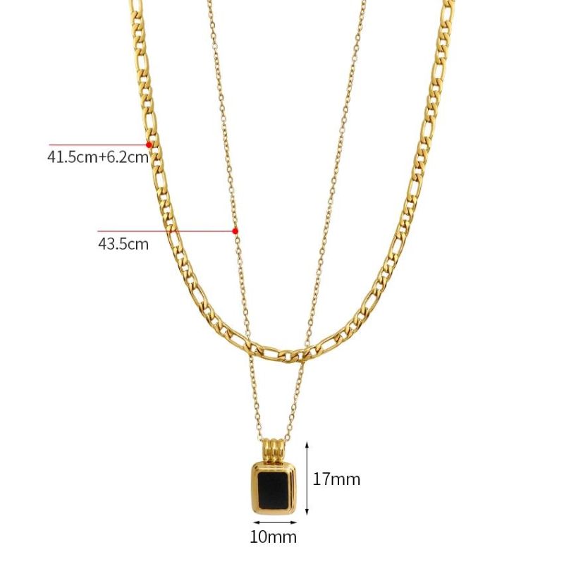 Enamel Stainless Steel Gold Plated Black Diamond Square Necklace