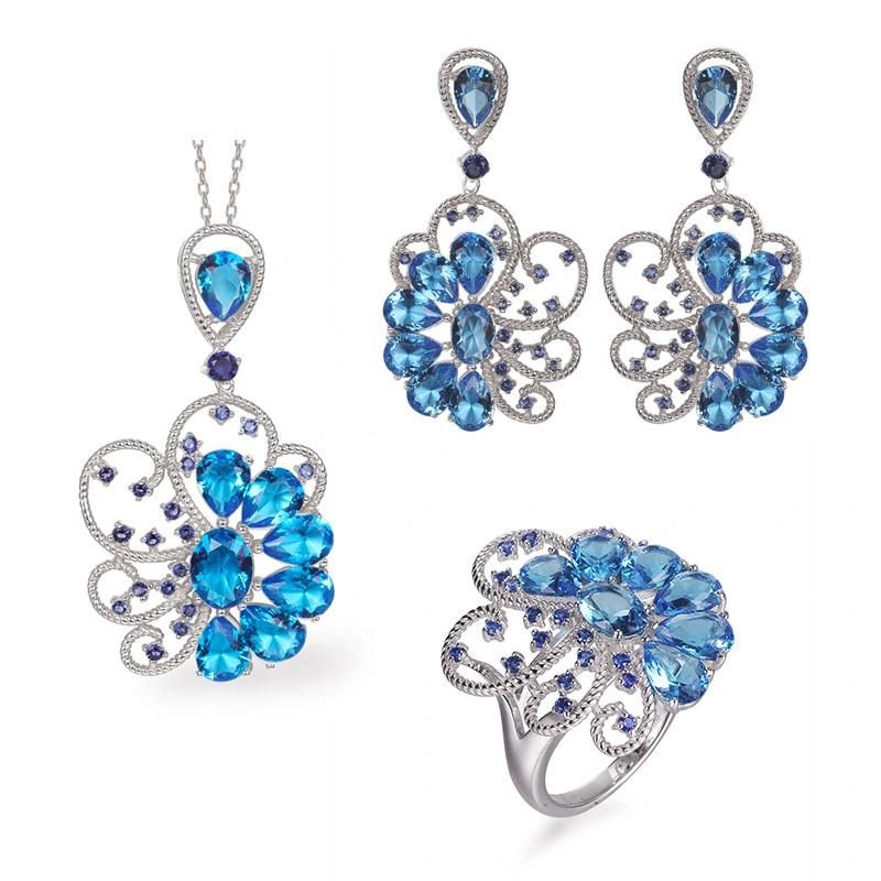 2022 Fashion Silver or Brass Blue Glass Earring Pendant Female Jewelry Set