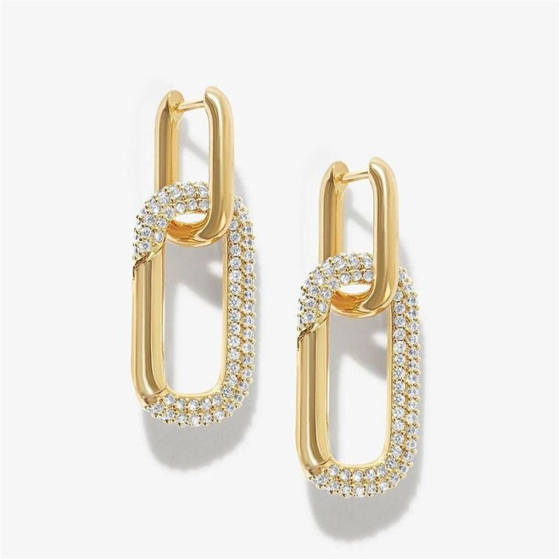 Brass with Cubic Zircon 2 Part Connection Design Rectangle Earring for Women Party Jewelry and Gift