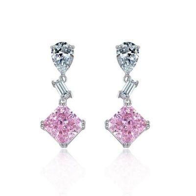 China Wholesale S925 Sterling Silver Square Shape High Carbon Diamond Rhodium Plated Woman Drop Dangler Earrings