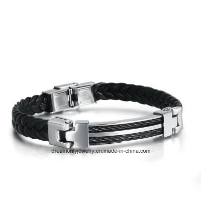 Stainless Steel Wire Cable Leather Mens Cable Wire Bracelet