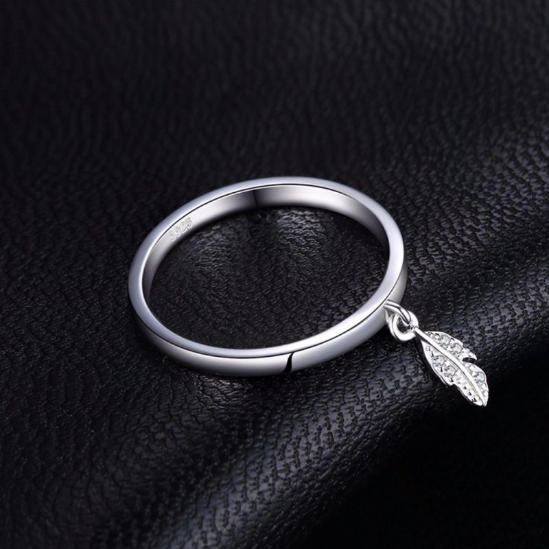 Fashion Jewellery Dangle Leaf Charm Feather Ring 925 Sterling Silver Jewelry Wholesale
