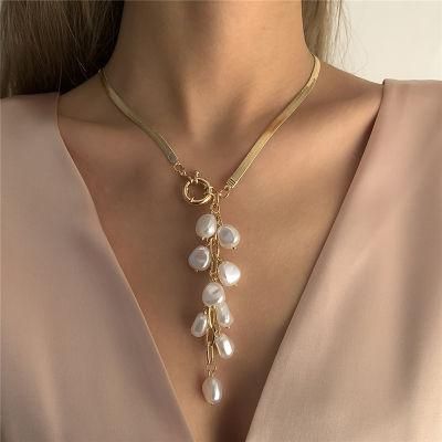 Manufacture New Design Heart Shape Cluster Pearl Drop Stainless Steel Flat Snake Chain Necklace for Women Fashion Jewelry Accessories Bijoux