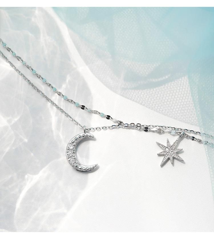 Simple Star Moon Double Necklace Flash Crystal Niche Clavicle Chain Pendant Necklace