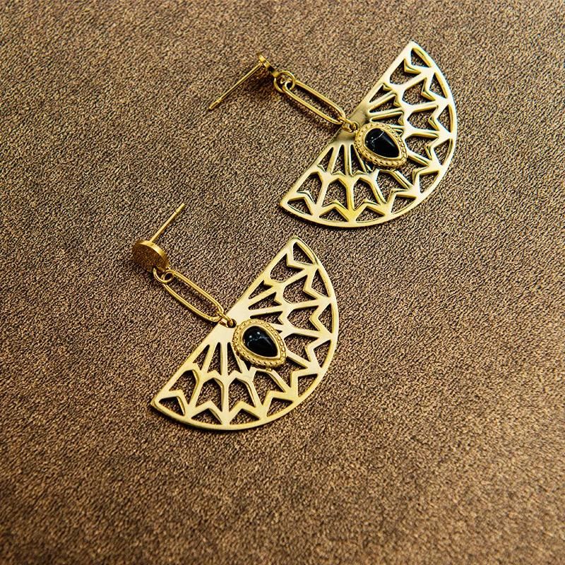 Stainless Steel Jewelry Stainless Steel Fan Shape Earrings with Natural Stones