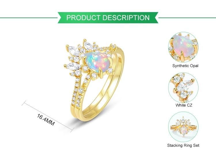 OEM/ODM Gold Plated Silver Rings Set Fine Jewelry Dainty Lady Synthetic Opal Stacking Ring