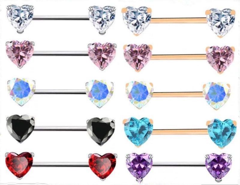 6mm Heart-Shaped Zircon Breast Nails Peach Heart Breast Ring Stainless Steel Nipple Ring Piercing Jewelry Ssp0813