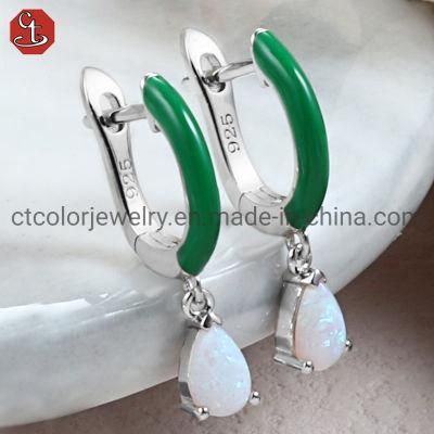925 Sterling Silver Jewelry Green Enamel Opal Earrings