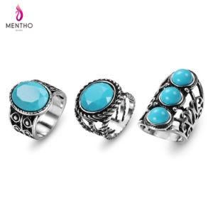 Retro Bohemian Ethnic Blue Resin Stone Studded Alloy Ring Set