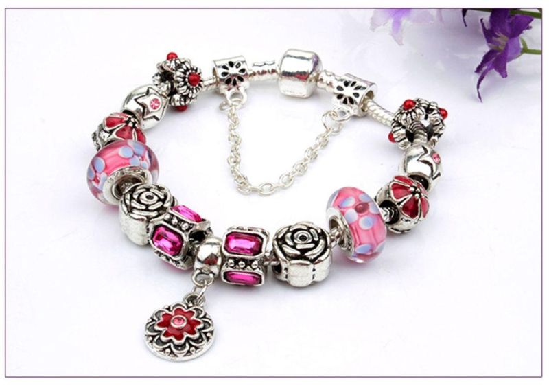 Fashion Jewelry Couple Bangles Flower Pendant Retro Alloy Beads Bracelet for Women Men Wholesale