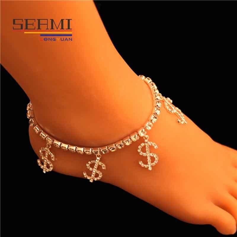 Rhinestone Dollars Cubic Zirconia Gold Charm Anklet Bracelet for Women