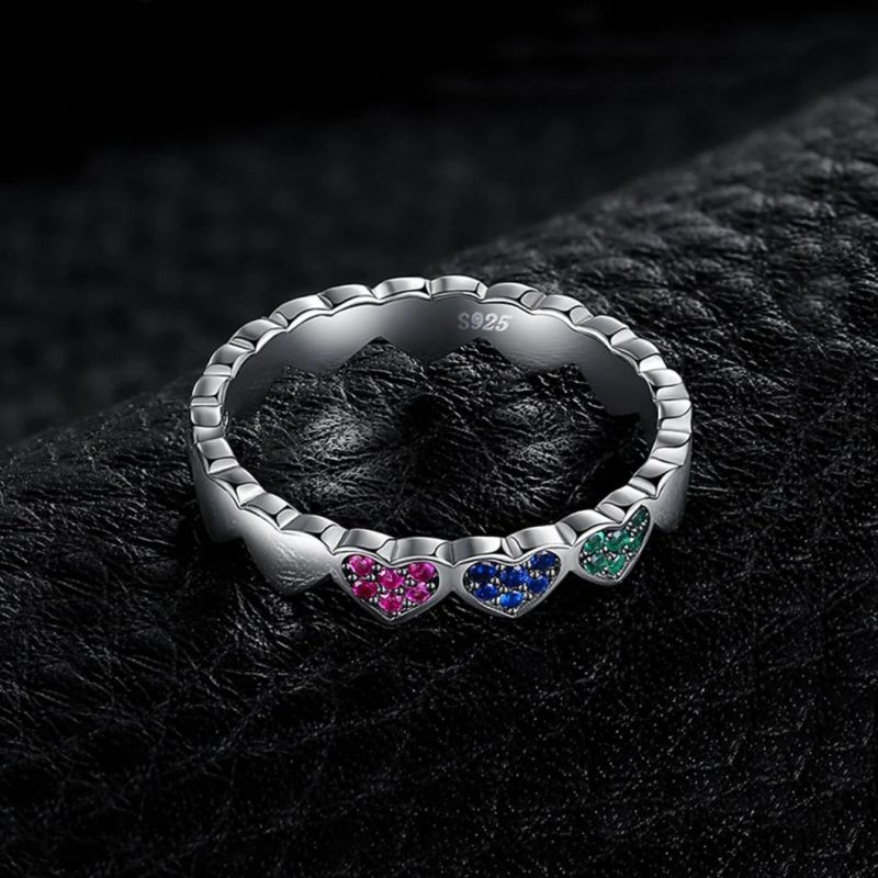 Created Ruby Nano Russian Simulated Emerald Created Blue Spinel Hearts Stackable Rings Jewelry 925 Sterling Silver