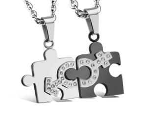 One Pair Valentine&prime;s Stainless Steel Puzzle Pendant Couple Necklace Set Black and Silver Color Lovers Style for Women Men Couples
