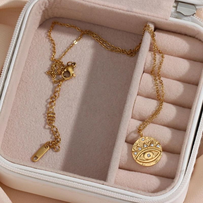 Factory Customized Fashion Coin Pendant Fine Side Chain Women′s Jewelry 18K PVD Gold Plated Evil Eye Stainless Steel Gold Necklace