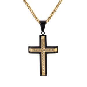 Gold-Plated Stainless Steel Double Layer Two-Tone Diamond Cross Pendant Necklace