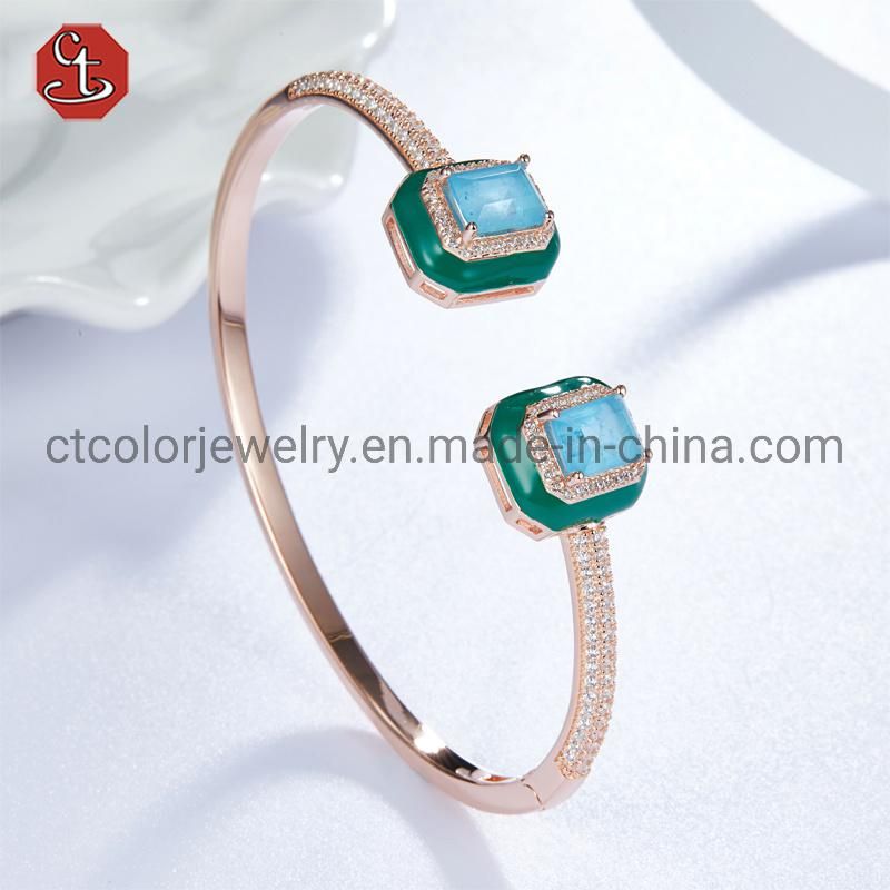 Hot sale 925 silver rose plated CZ pave Green Color Enamel Special half nature stone Bangle fashion jewelry zircon Bracelet bangle