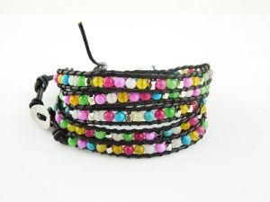 Leather Beaded Wrap Bracelet, Hot Sale 5layers Semi Precious Stone Bead Bracelet