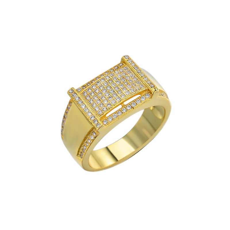 Wedding Shiny Ladies 925 Sterling Silver 5 Cubic Zirconia Diamond Rectangle Hip Hop 24K Gold Plated Rings for Men