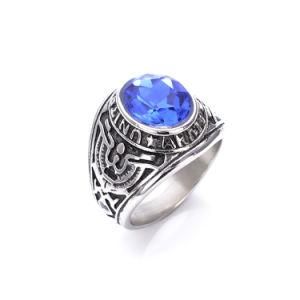 Retro Army Big Stone Titanium Steel Blue Sapphire Mens Rings