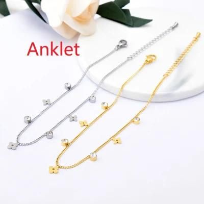 Manufacturer Customized Colorfast Anklet Waterproof Zirconium Clover Flower Stainless Steel Fashion Anklet Wholesale Replica Jewelry