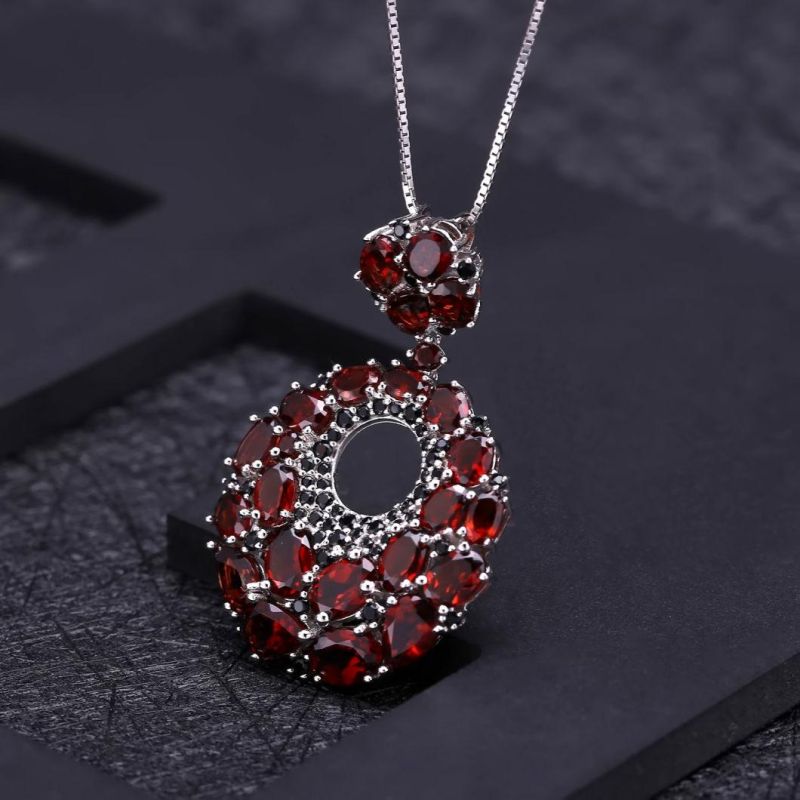 Natural Red Garnet Gemstone Vintage 925 Sterling Sliver Pendant Necklace for Women Gift Party Jewelry