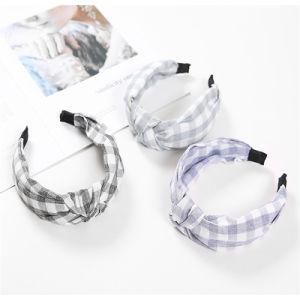 Wholesale Custom Elegant Bow Knot Plaid Wide Edge Headband Cross Knot Fabric Hair Bands Accessories