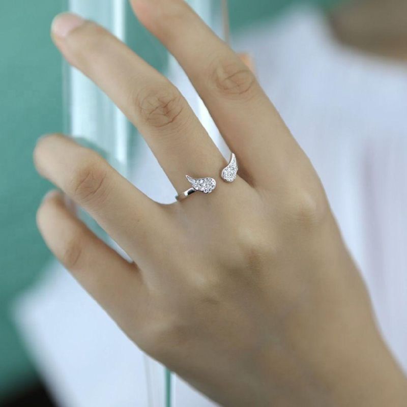 925 Sterling Silver Ring Zircon Angel Wings Adjustable Ring Women Engagement Wedding Fashion Jewelry