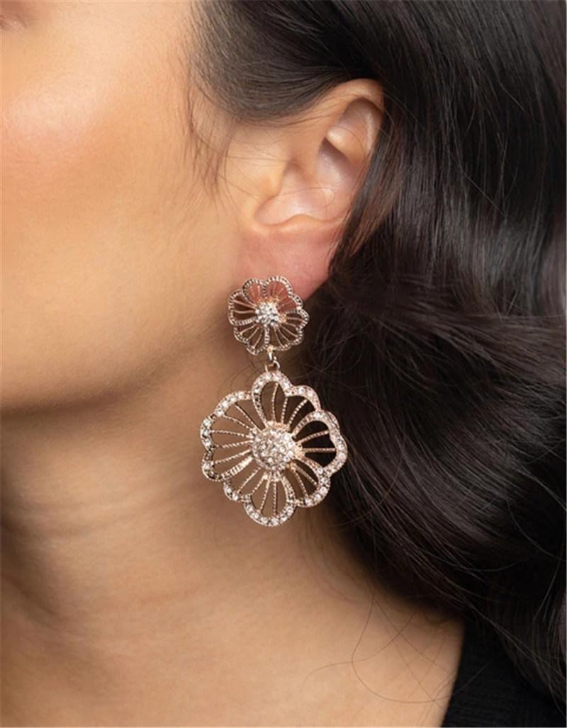 Rose Gold Diamante Floral Drop Earrings