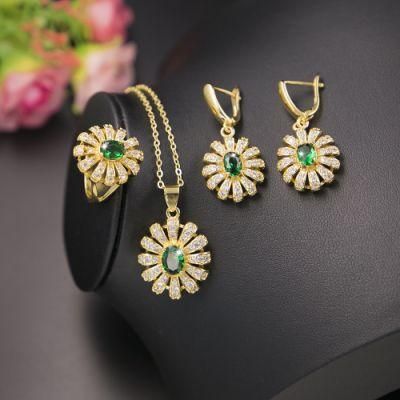 New Design Gold Plated Women Luxury Cubic Zirconia Sunflower Necklace Earring Jewelry Set