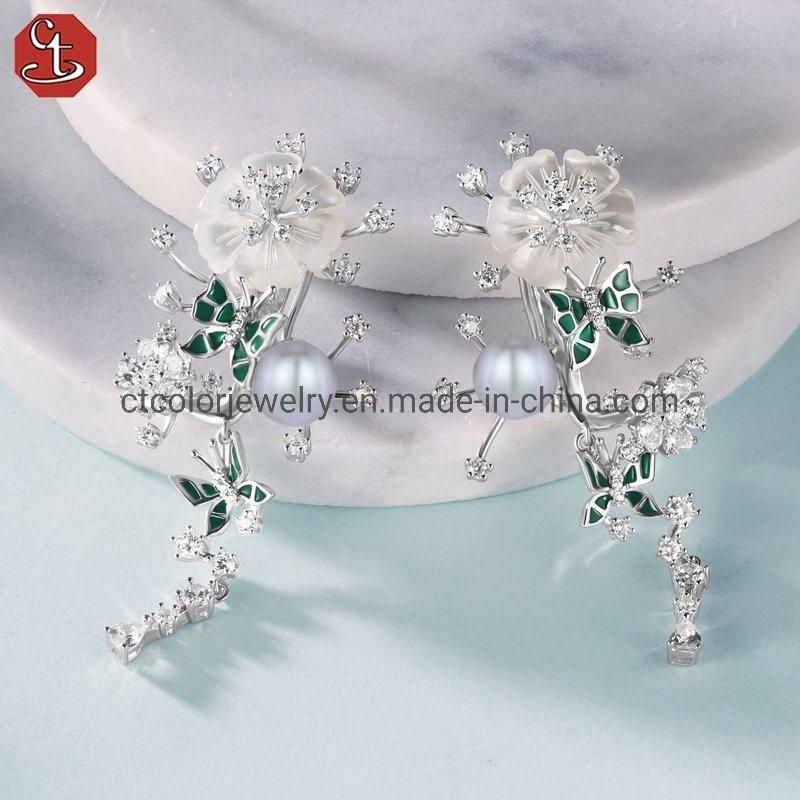 New Style 925 Silver Jewelry Green Winged MOP Flower Earrings