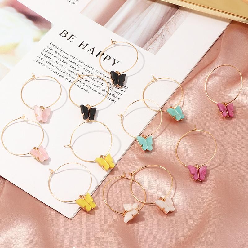 Fashion Korean Style Colorful Women Acrylic Alloy Statement Butterfly Pendant Stud Earrings Wholesale