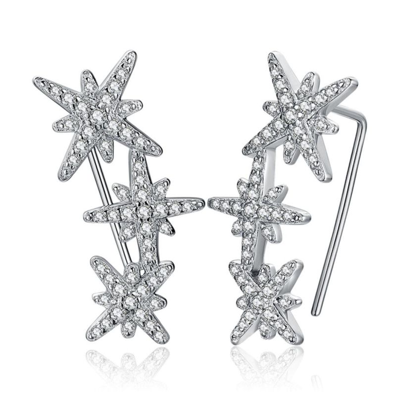 CZ Pave Cubic Zirconia Star Drop Dangle Earrings Hook 925 Sterling Silver