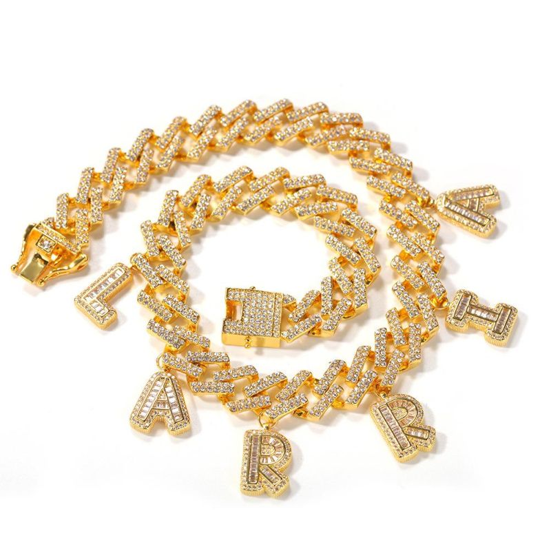 Iced out Letter Gold Plated Cuban Link Mens Charm Bracelets
