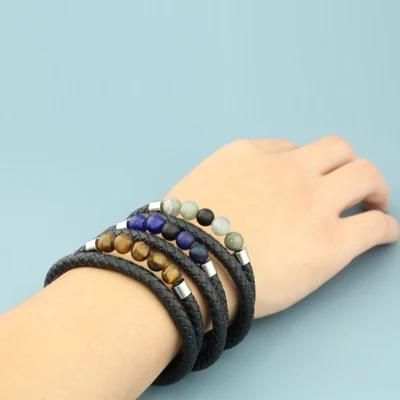 European and American Punk Stainless Steel Leather Magnetic Buckle Bead Bracelet