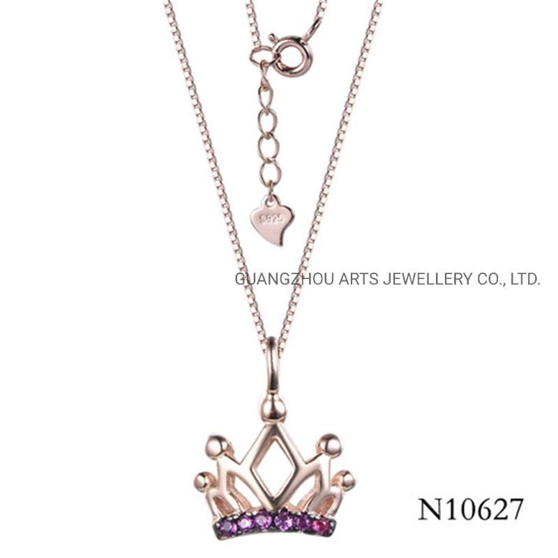White Cubic Zircons Over Sterling Silver Rhodium Plating Crown Necklace
