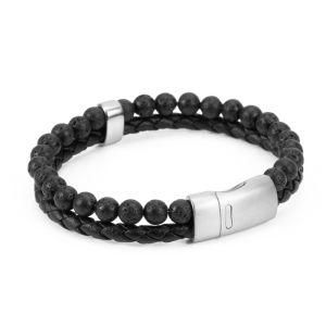 Fashion Stainless Steel Accessories &#160; Double Lava Stone Weave Leather Men Bracelet