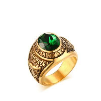 Spot Wholesale Direct Supply Titanium Steel Green Army Zircon Ring Men&prime;s Gold Vintage Ring