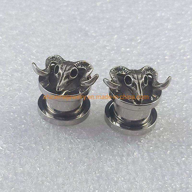 Ancient Silver Sheep Head Pulley Auricle Stainless Steel Internal Thread Zodiac Ear Piercing Large Cross-Border Piercing Ear Plugs Spg2727