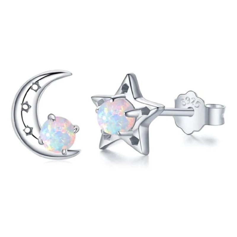 Classic Style 925 Sterling Silver Moon and Star Opal Stud Earrings