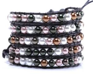 Leather Wrap Bracelet Jewelry, Fashion Woven Jewelry Bracelet, Hot Pearl Beads Bracelet (3407)