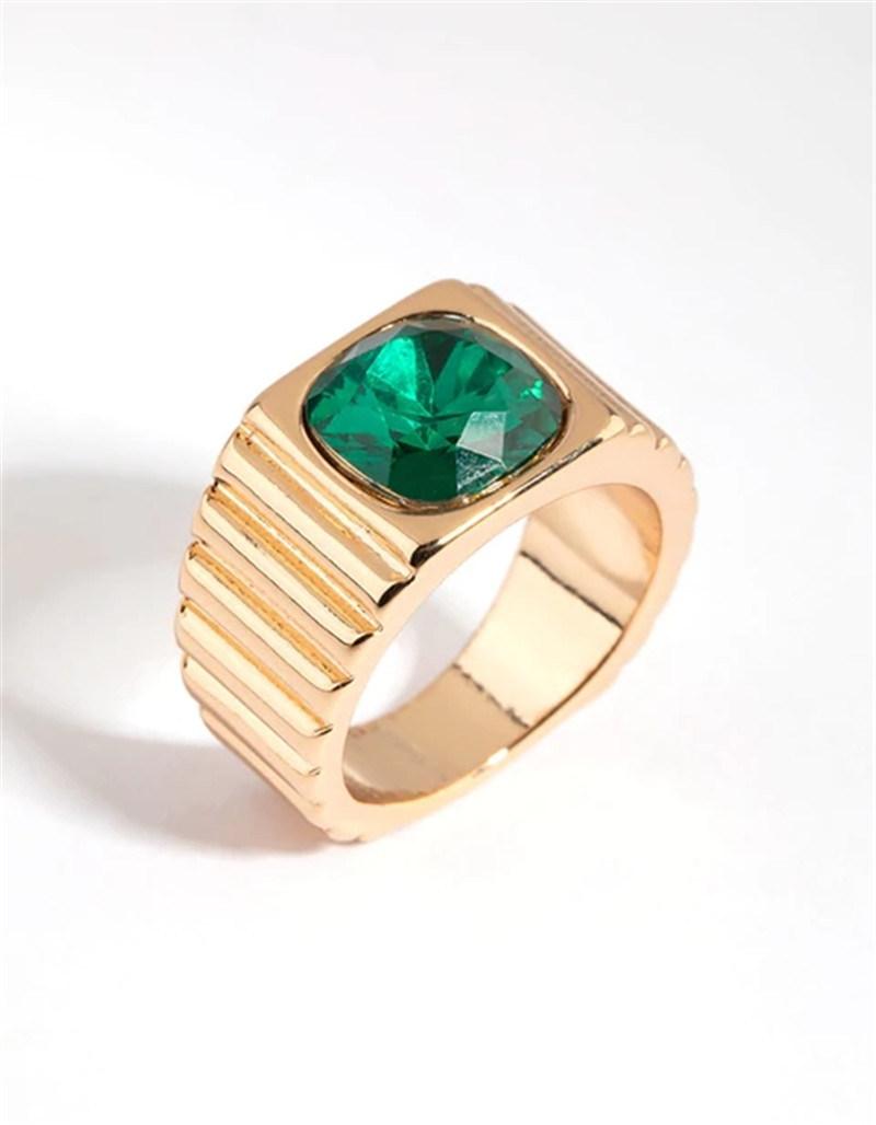 18K Gold Plated Ribbed Signet Ring with Square Emerald Glass Stone for Women and Girls