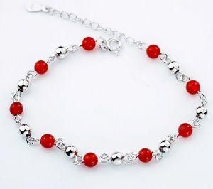 Sterling Silver Balls with Red Agates Charm Bracelet B0007