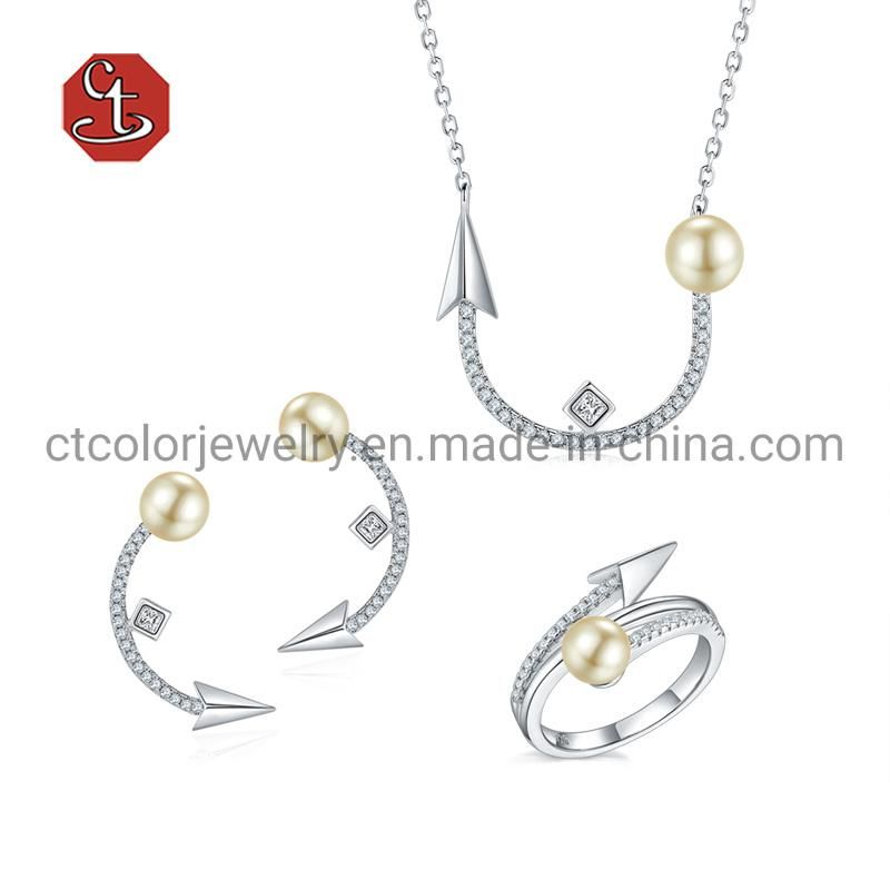 New Design 925 Sterling Silver Jewellery CZ Arrow Shape Fashion Pearl Ring