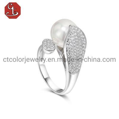 Fashion 925 Sterling Silver Micro Pave CZ Jewelry for Women Pearl Ring with Pearl Girl Jewelry