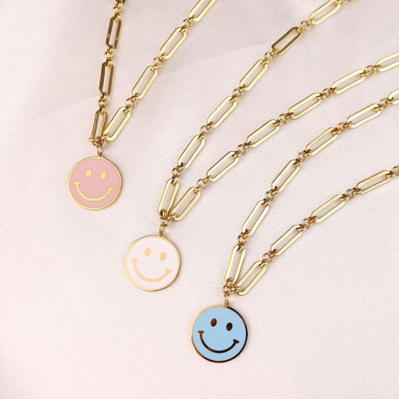 2022 Smiley Face Necklace Gold Chain Double Round Smile Color Oil Painting Talisman Necklace Jewelry for Women