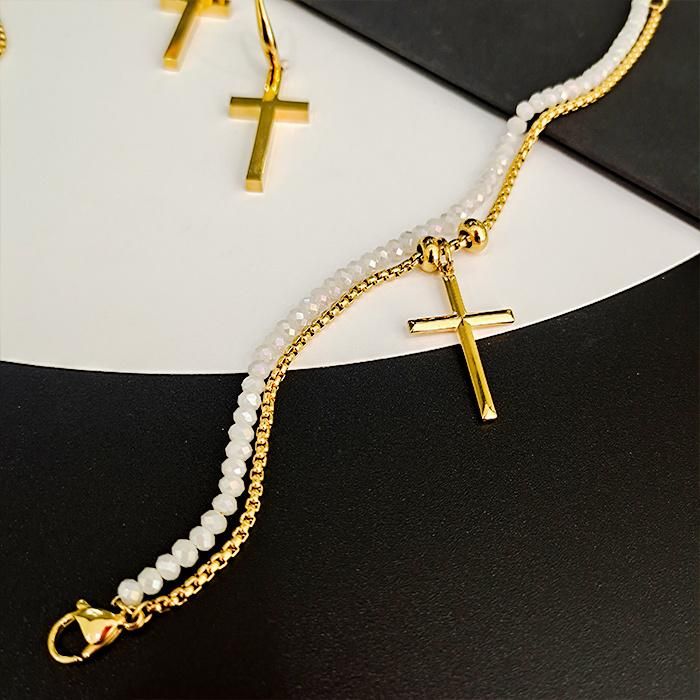 Fashion Stainless Steel Not Allergic Gold Plated Christian Cross Pendant Gold Chain Pearl Layering Necklace for Ladies