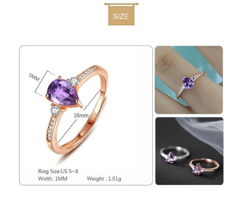 925 Sterling Silver Ring 5mm Purple CZ Stone Adjustable Ring Women Light Luxury Fashion Wedding Jewelry